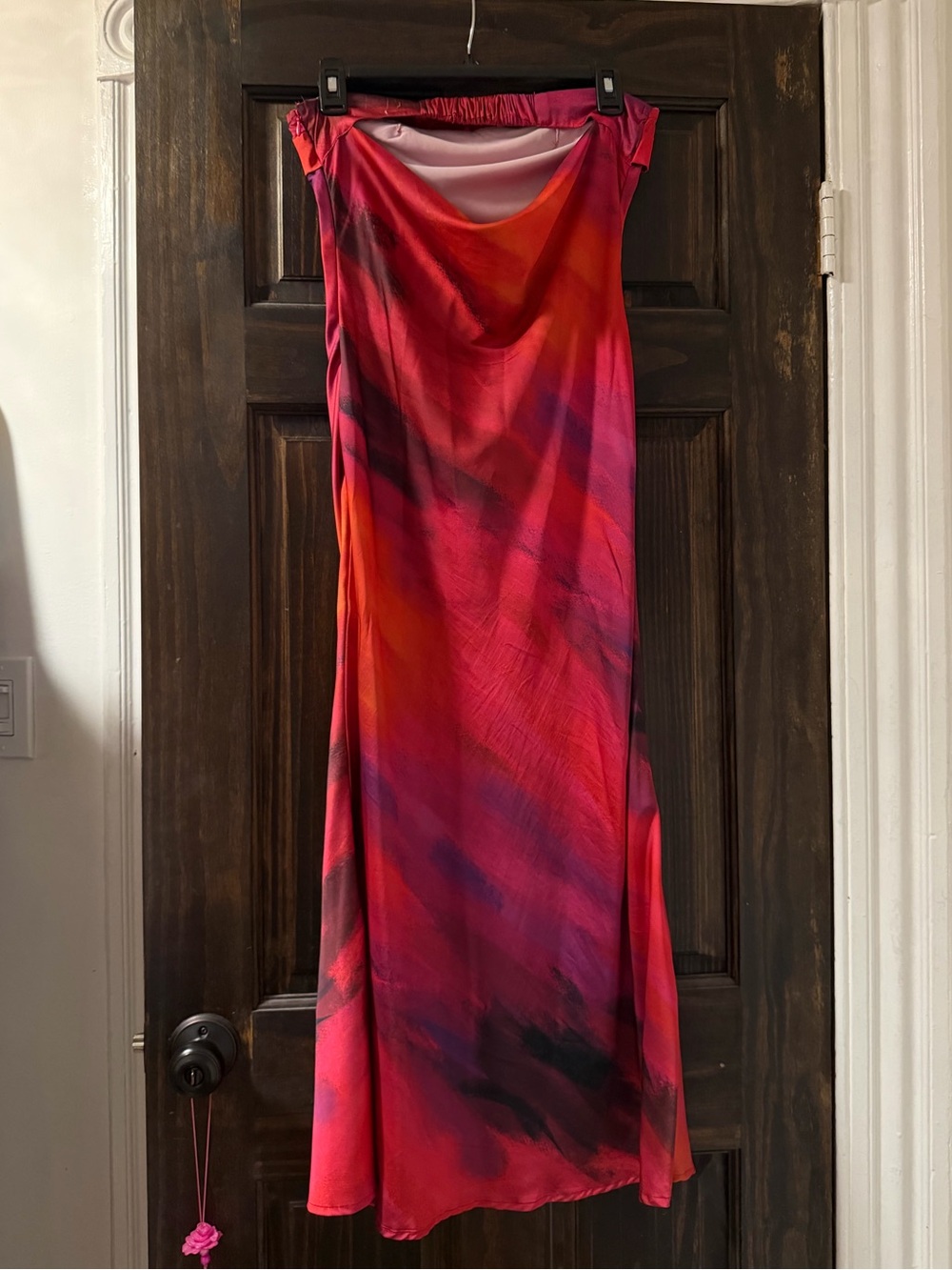 Strapless Satin Midi Dress in Pink, Orange, Purple - Picture 3 of 5